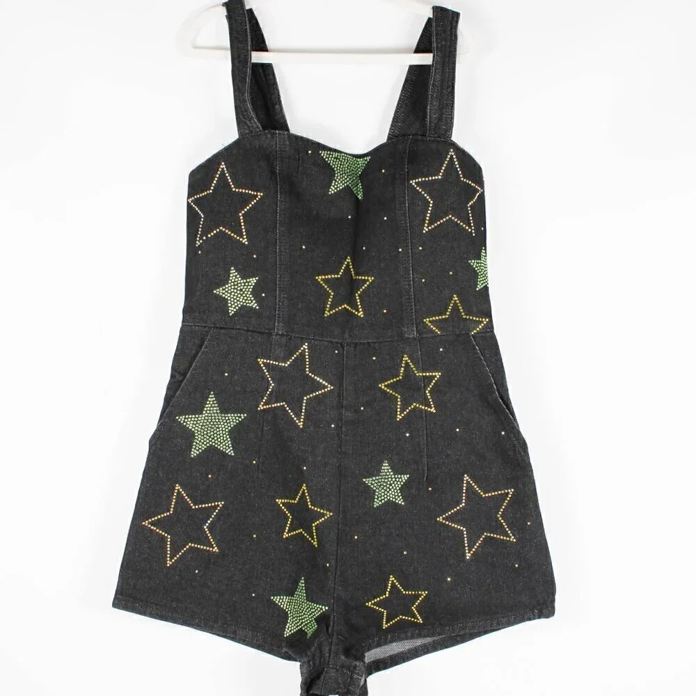 CLEARANCE Nasty Gal Star Hotfix Denim Playsuit, NWT, Size 8 - Picture 2 of 9